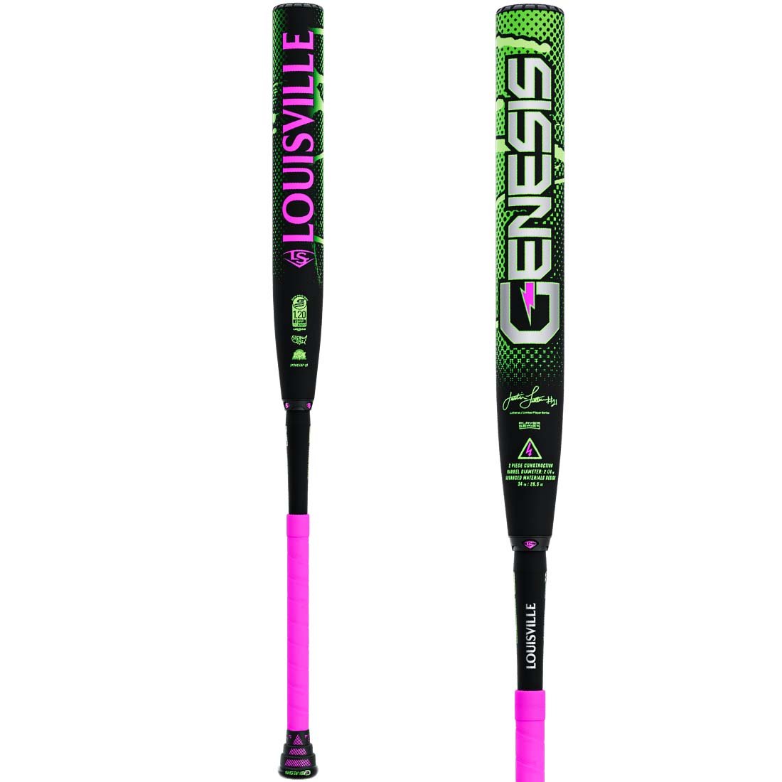 Genesis Justin Lutheran barrel close up showing neon green Genesis graphics and player model styling