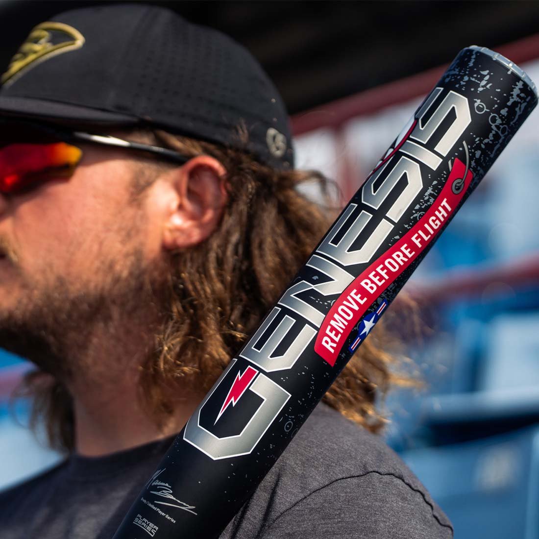 Louisville Slugger Genesis Flight Tag on the side of the Matt Brady signature slowpitch bat
