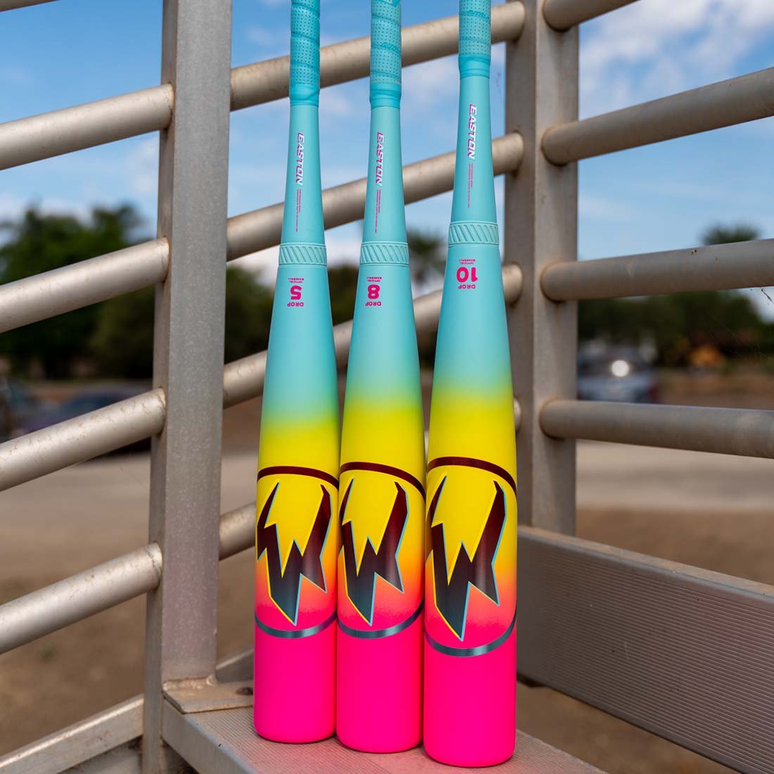 2026 Easton Hype Fire USSSA 2 3/4" Baseball Bats on a Bleacher