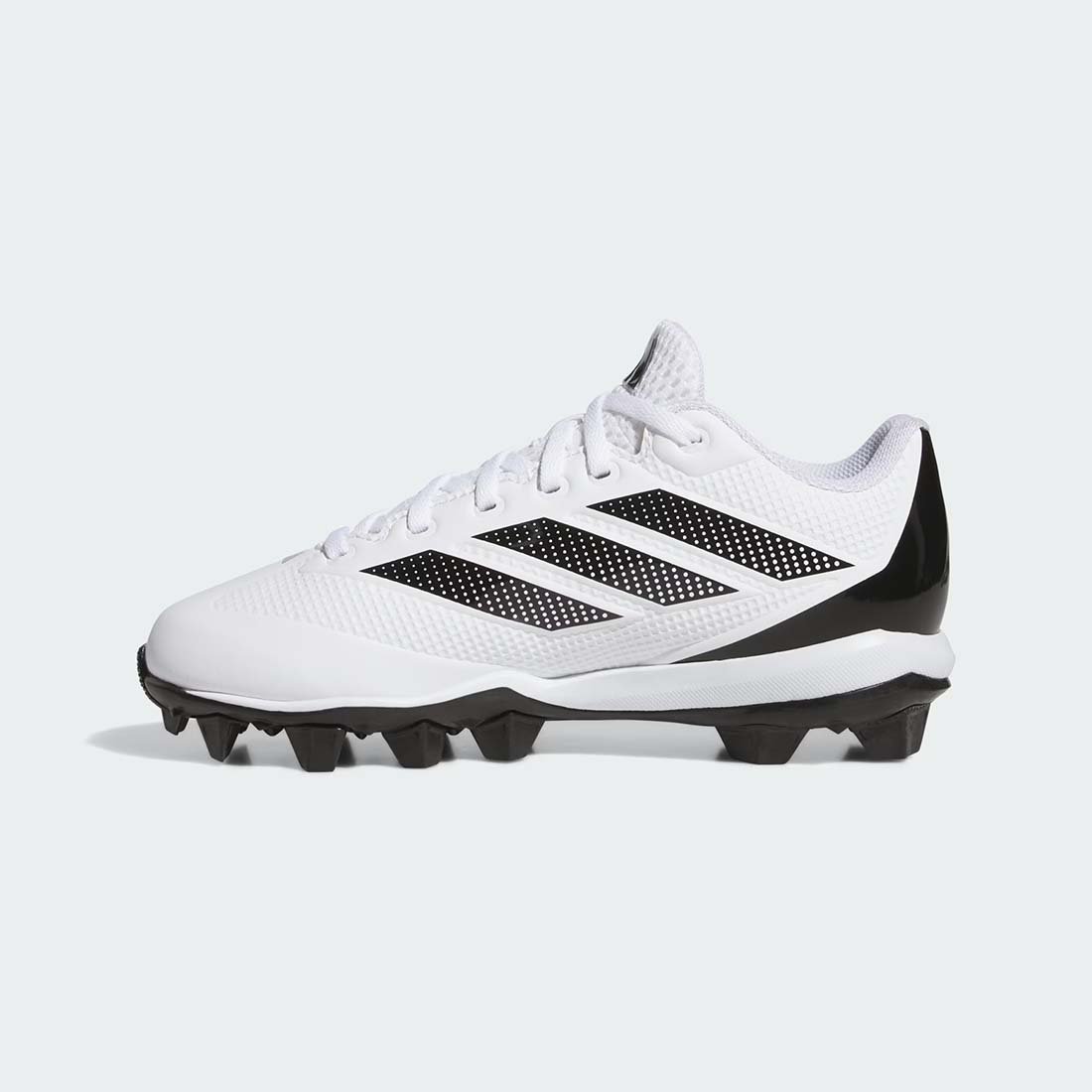 adidas Adizero Impact 2.0 Kids Molded Cleats side three stripes view on white cleats