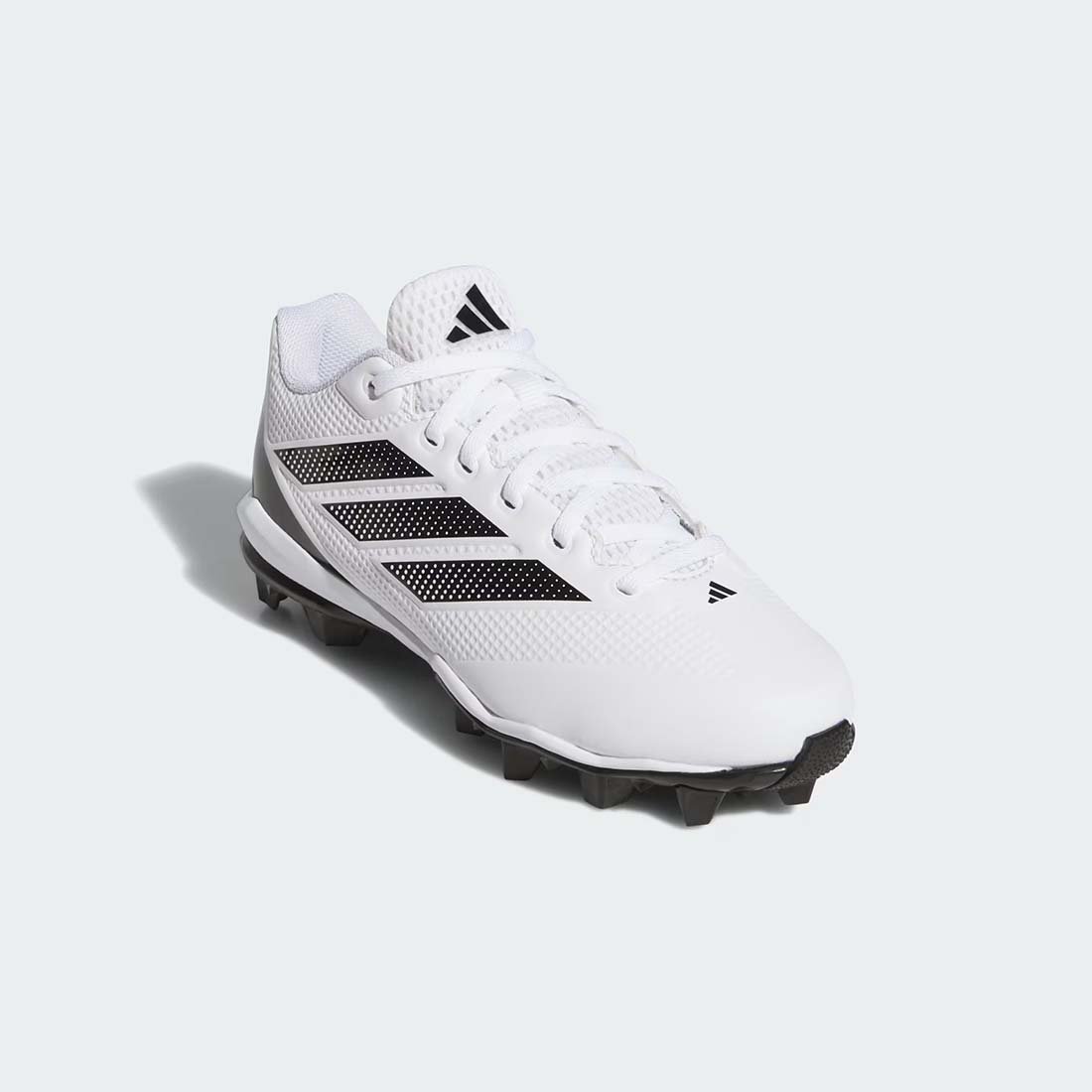 White adidas Adizero Impact 2.0 Kids Molded Cleats top view on white cleats