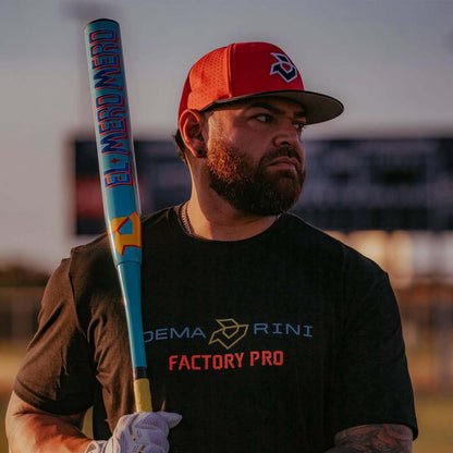 2027 DeMarini El Mero Mero USSSA slowpitch softball bat 13 inch balanced APC composite barrel held by a DeMarini Pro Player