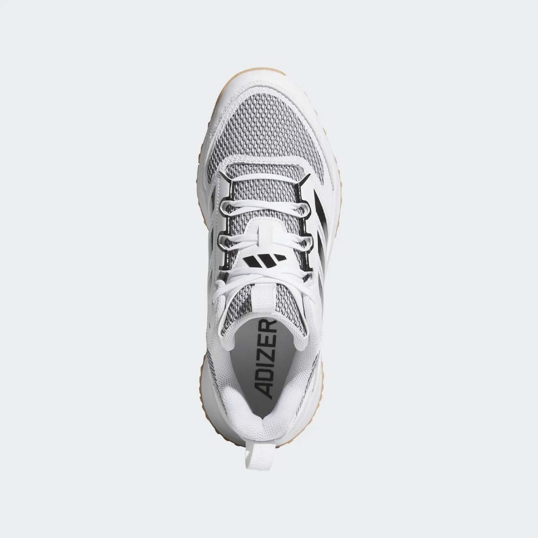 Top view of the white adidas adizero dgt turf trainer baseball shoes white black gum outsole lightstrike cushioning